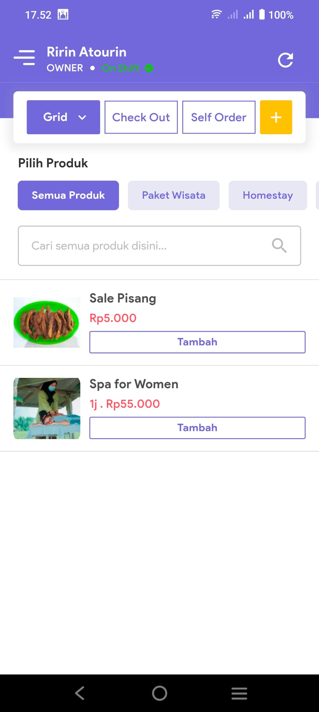 Pilih Produk — layar transaksi utama Atourin Bisnis