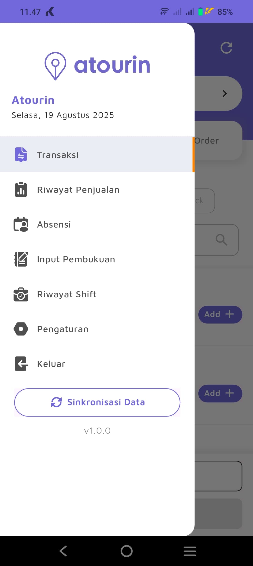 Navigasi utama aplikasi Atourin Reka