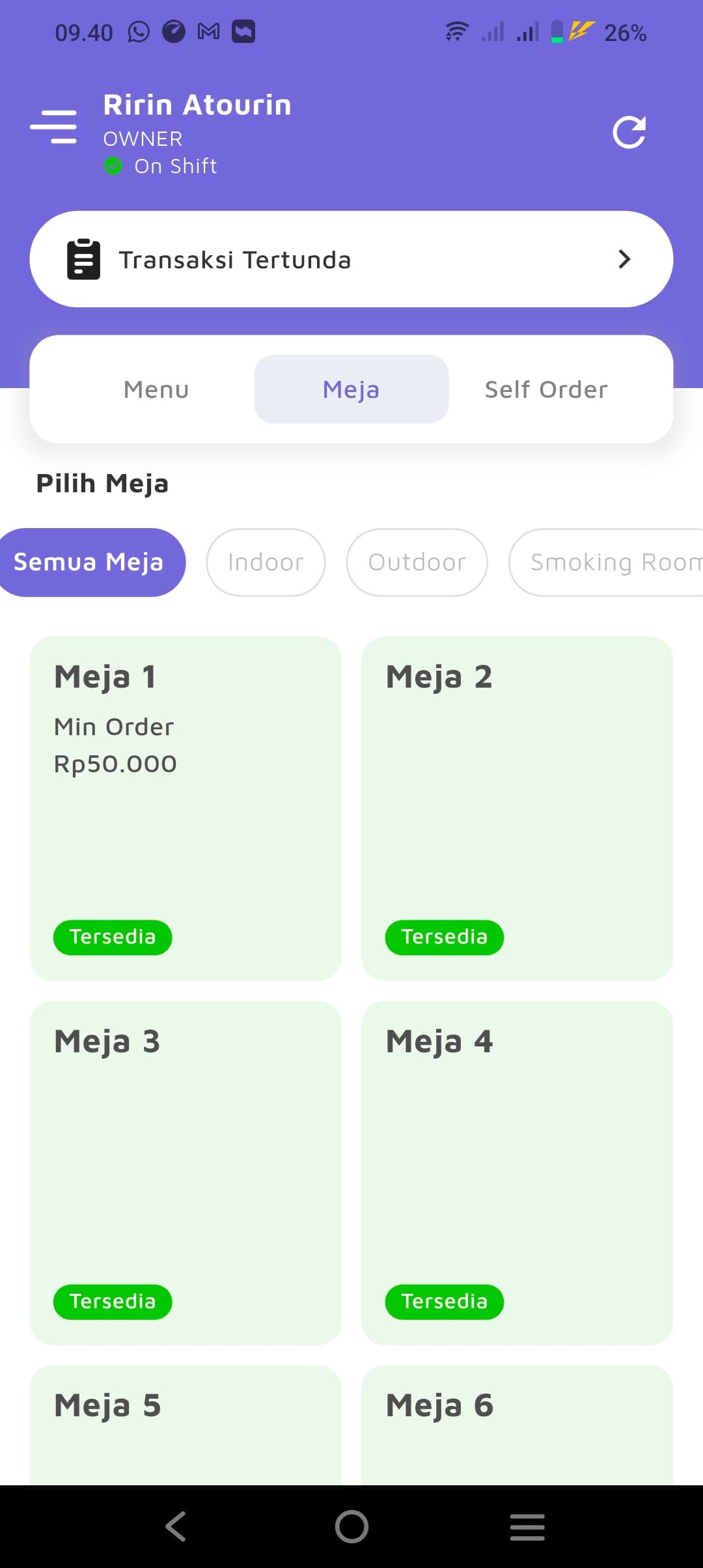 Kelola Meja — Indoor, Outdoor, Smoking Room