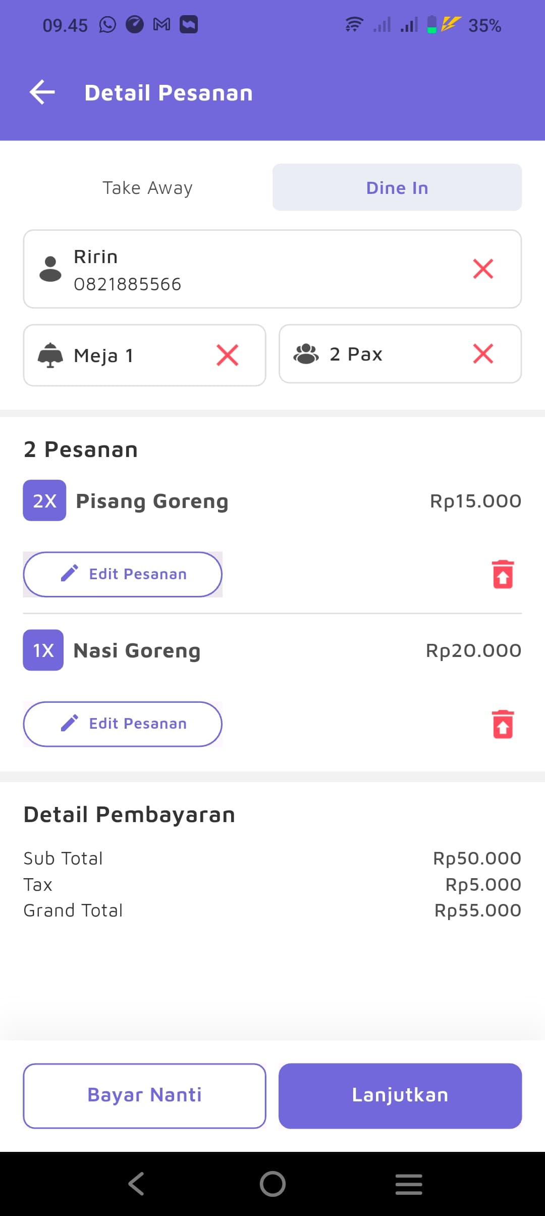 Detail Pesanan Dine In — Meja 1, 2 Pax