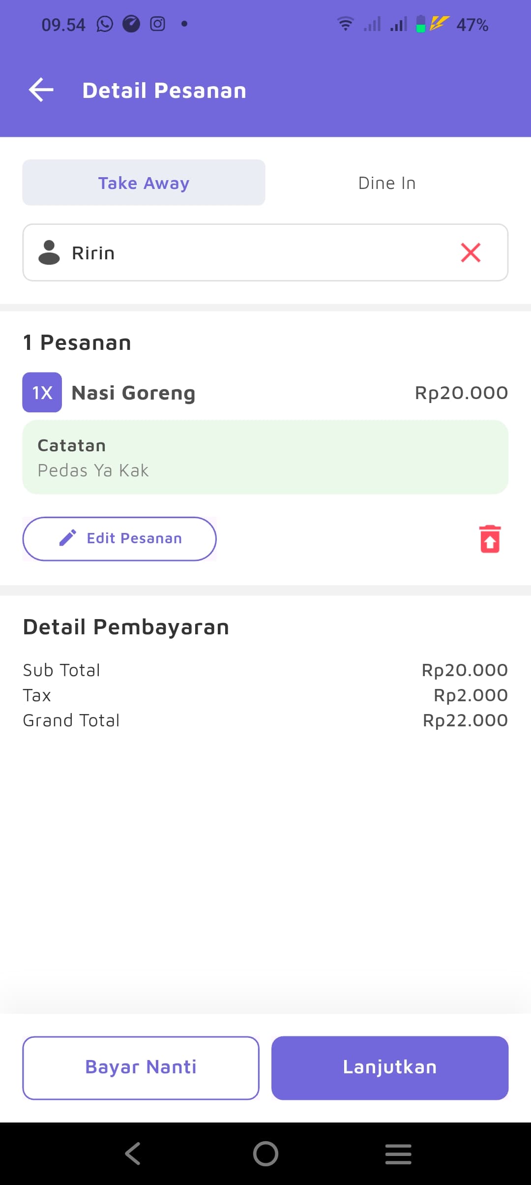Take Away — catatan pesanan per item